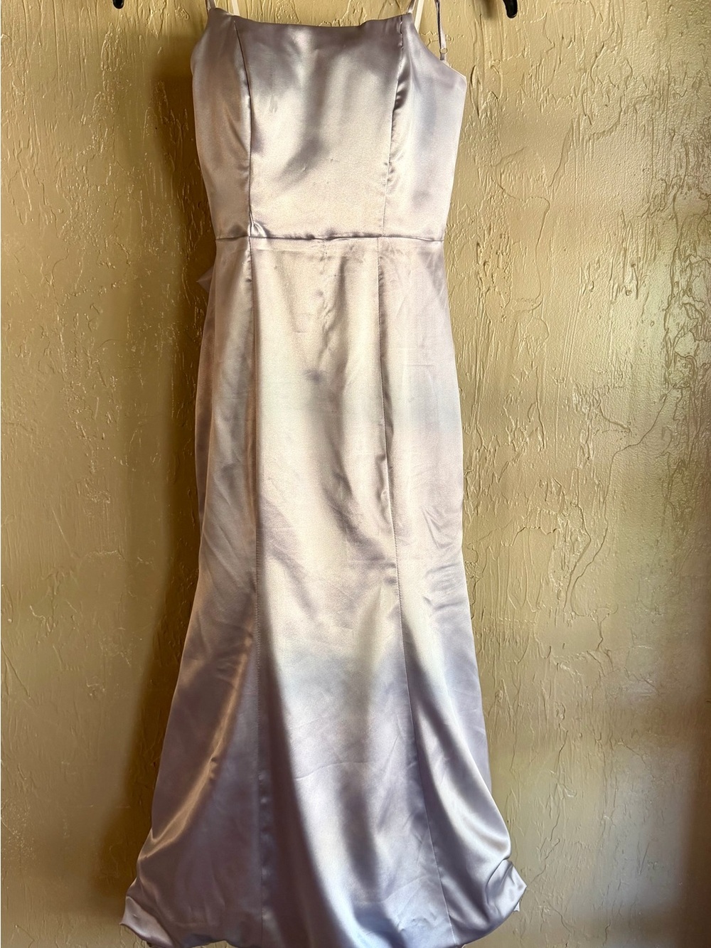 Silver Satin Formal Gown Bow Back Ruffle Maxi Dress Petite Altered 45”